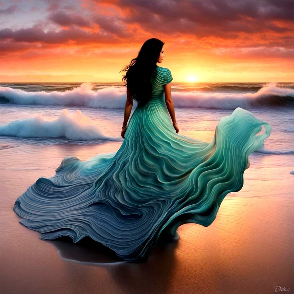 Sunset Seafoam Waves Form a Woman's Dress
