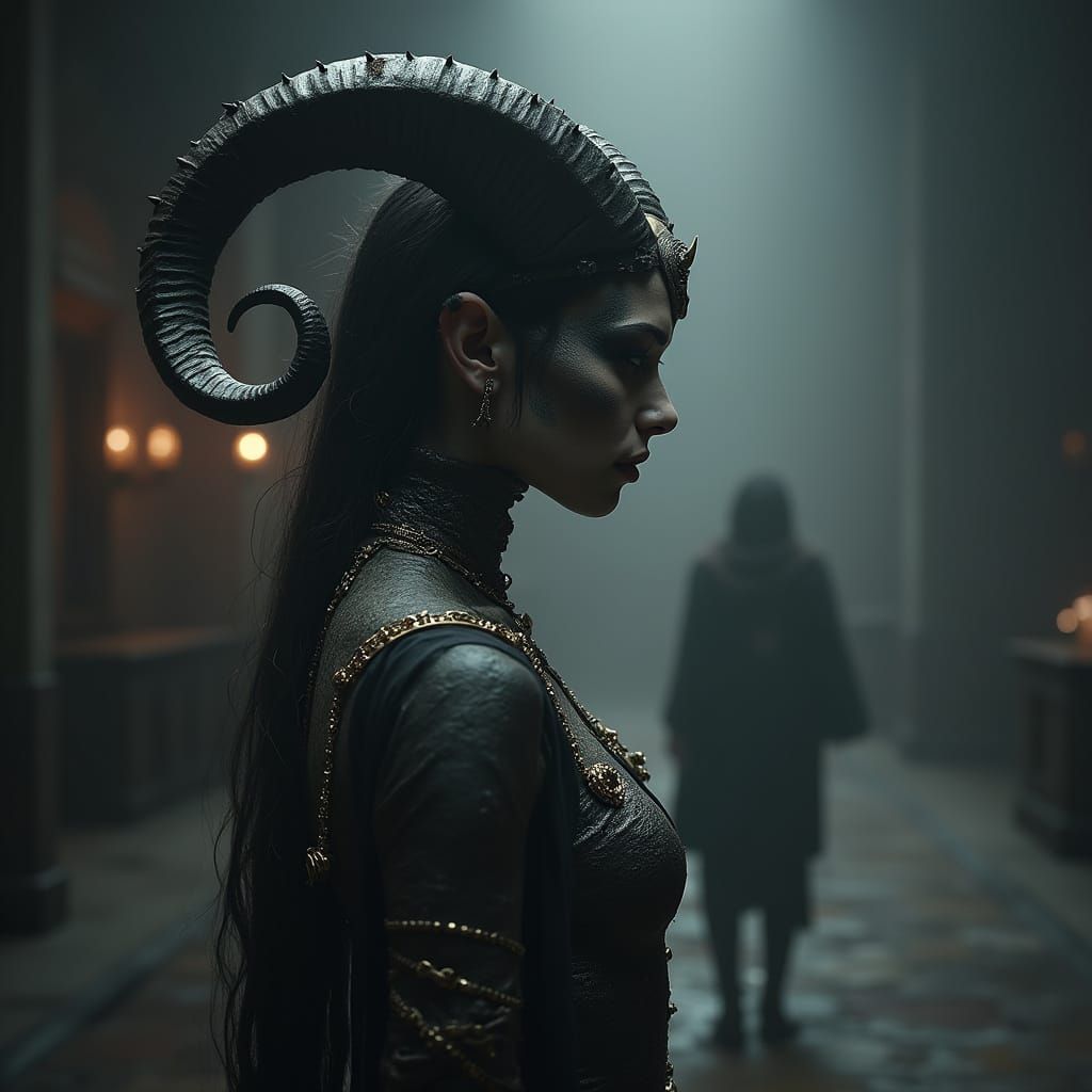 Dark Fantasy Female Humanoid with Horns in Dramatic Lighting