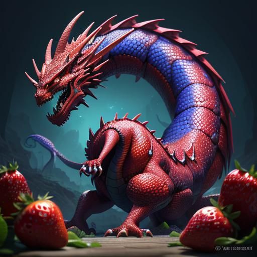 Colorful Dragon Eats Strawberry in Fantasy Landscape