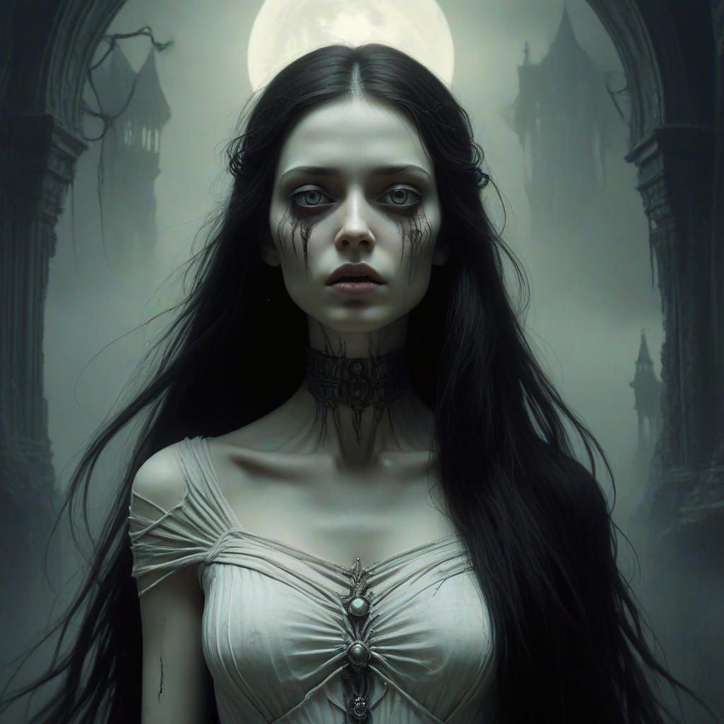 Fearful Girl Chased by a Vampire in a Gothic Landscape