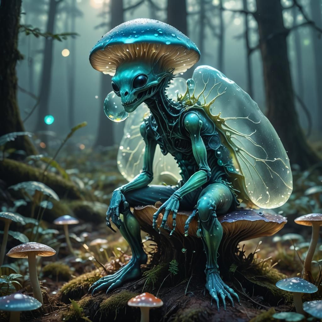 Bioluminescent Alien on Glowing Mushroom: Surreal Macro