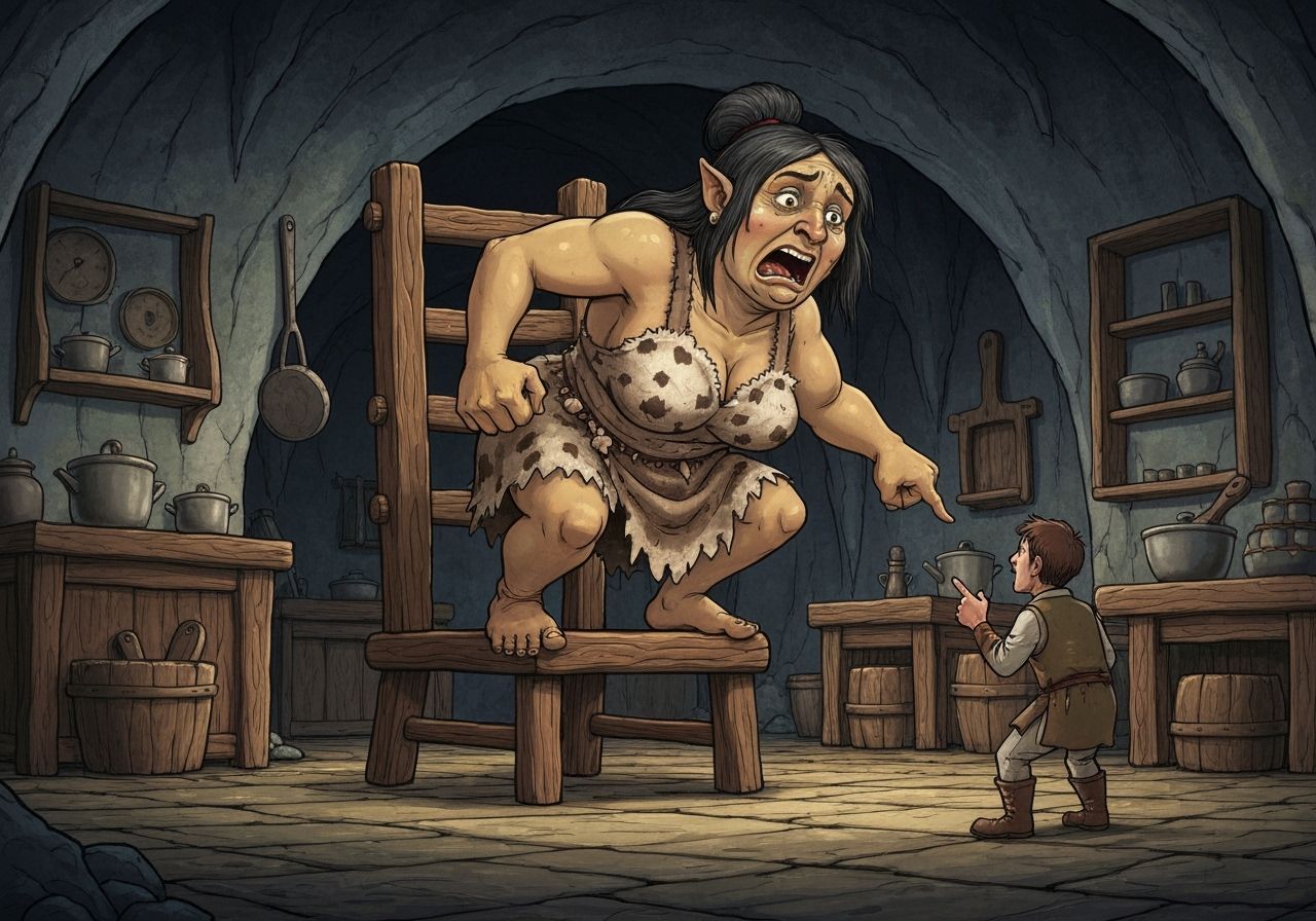 Giant Ogre Panics Over Tiny Peasant in Primitive Cave Kitche...