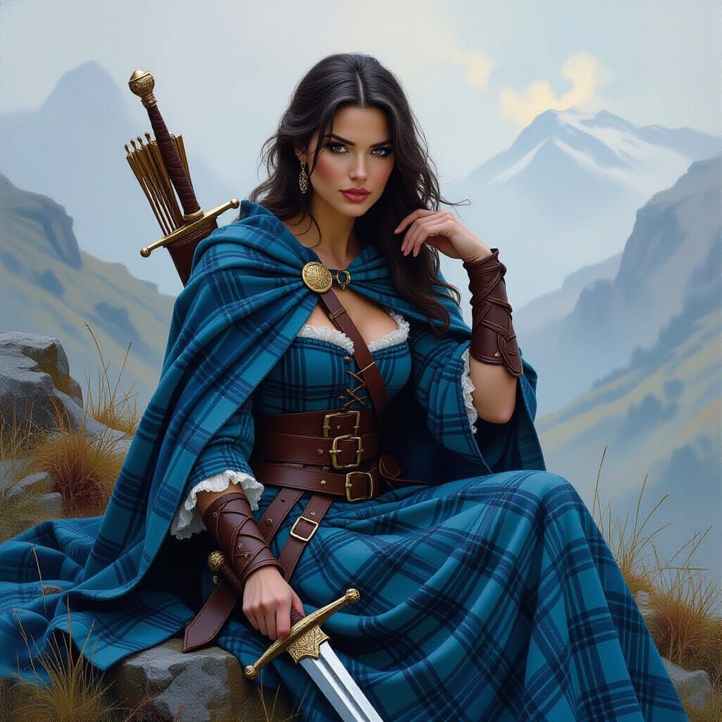 Scottish Woman with Claymore in Fantasy Oil Painting