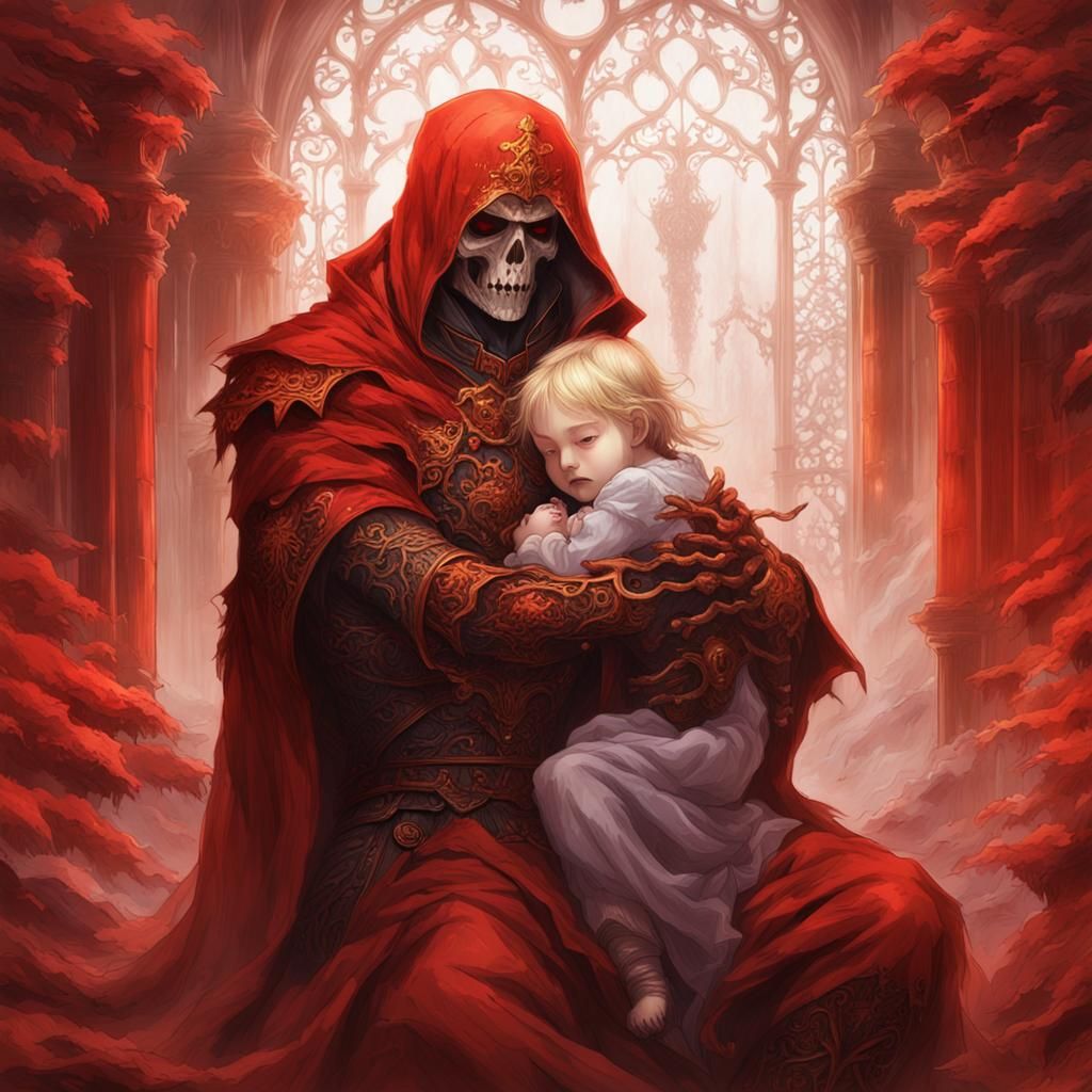 Red Death Cradling a Baby in Castlevania Style