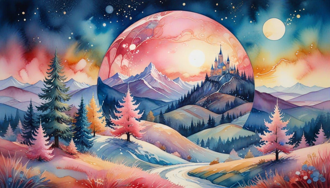 Dreamy Watercolor Fantasy World Within a Glowing Christmas B...