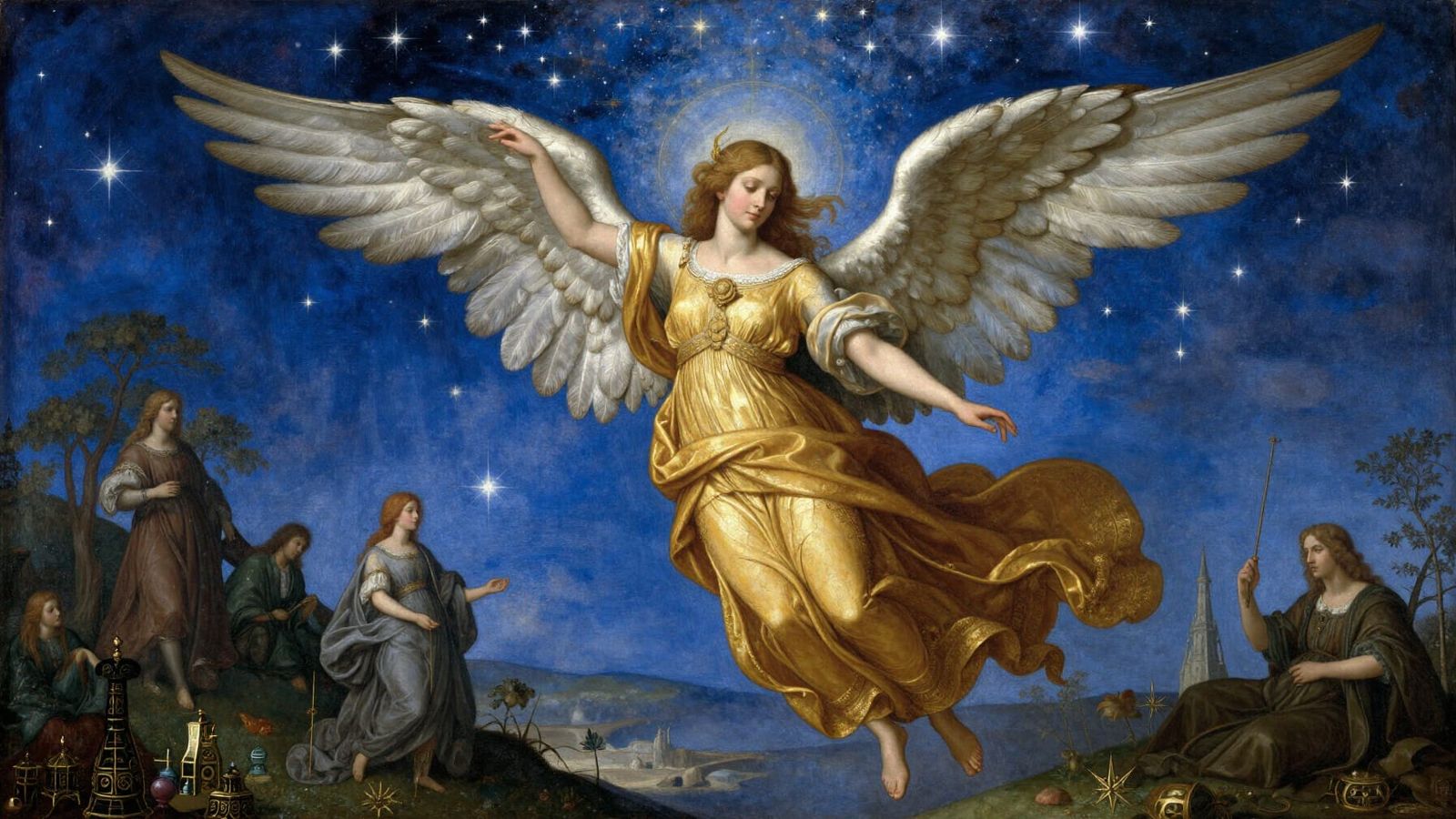 Majestic Angel in Gold Gown Soaring Over Enchanted Landscape