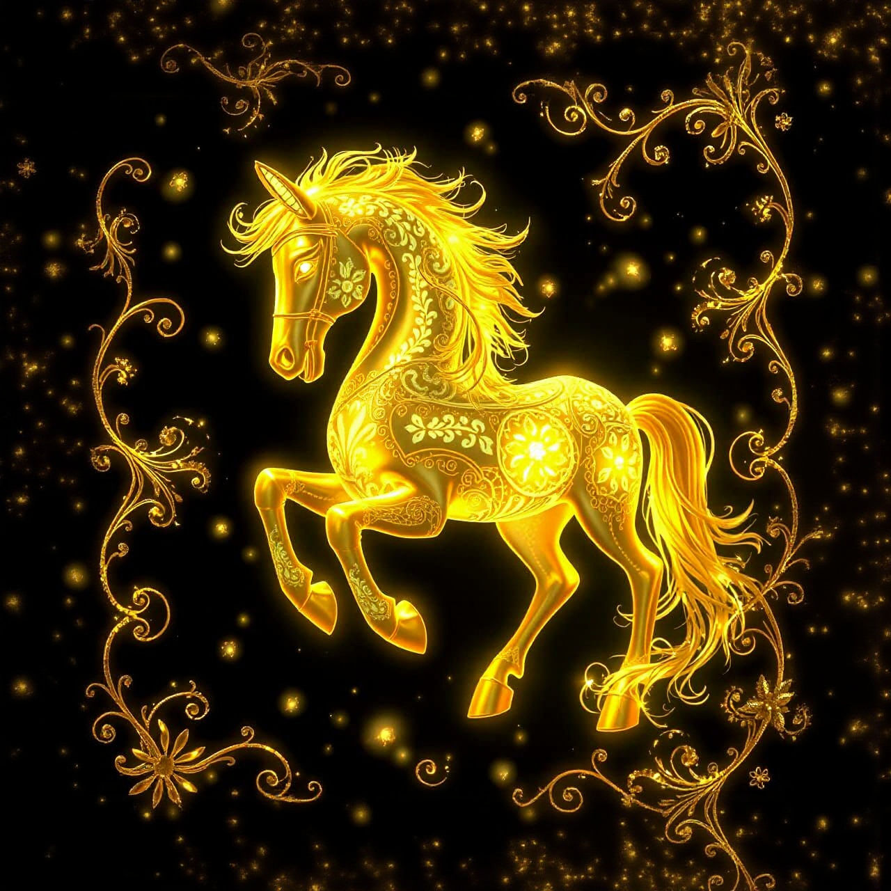 Bioluminescent Horse with Golden Filigree Design