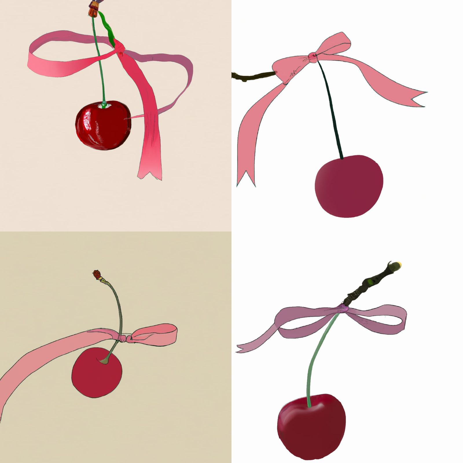 Red Cherry Drawing with Pink Ribbon