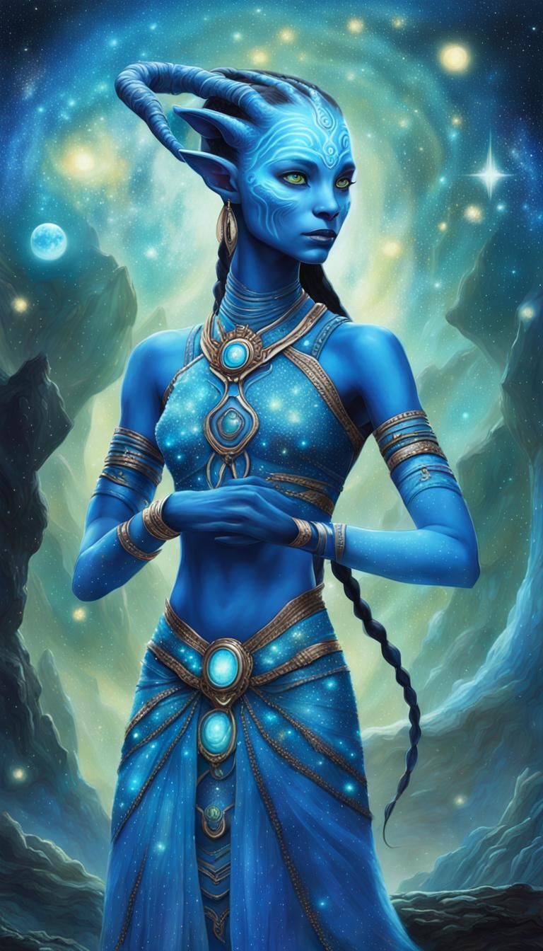 Mesmerizing Fantasy art print of Avatars blue-skinned Neytiri Lyran Starseed stands illuminated with her gaze locked int...