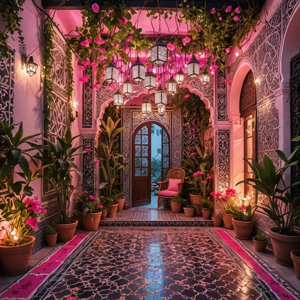 Vibrant Neon Pink Moroccan Garden at Night