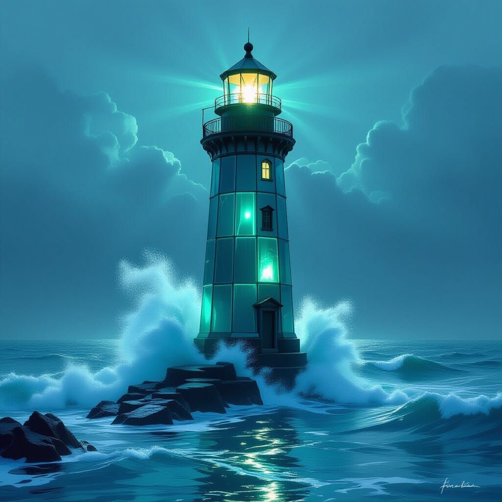 Emerald Sapphire Glass Lighthouse in Fantasy Style