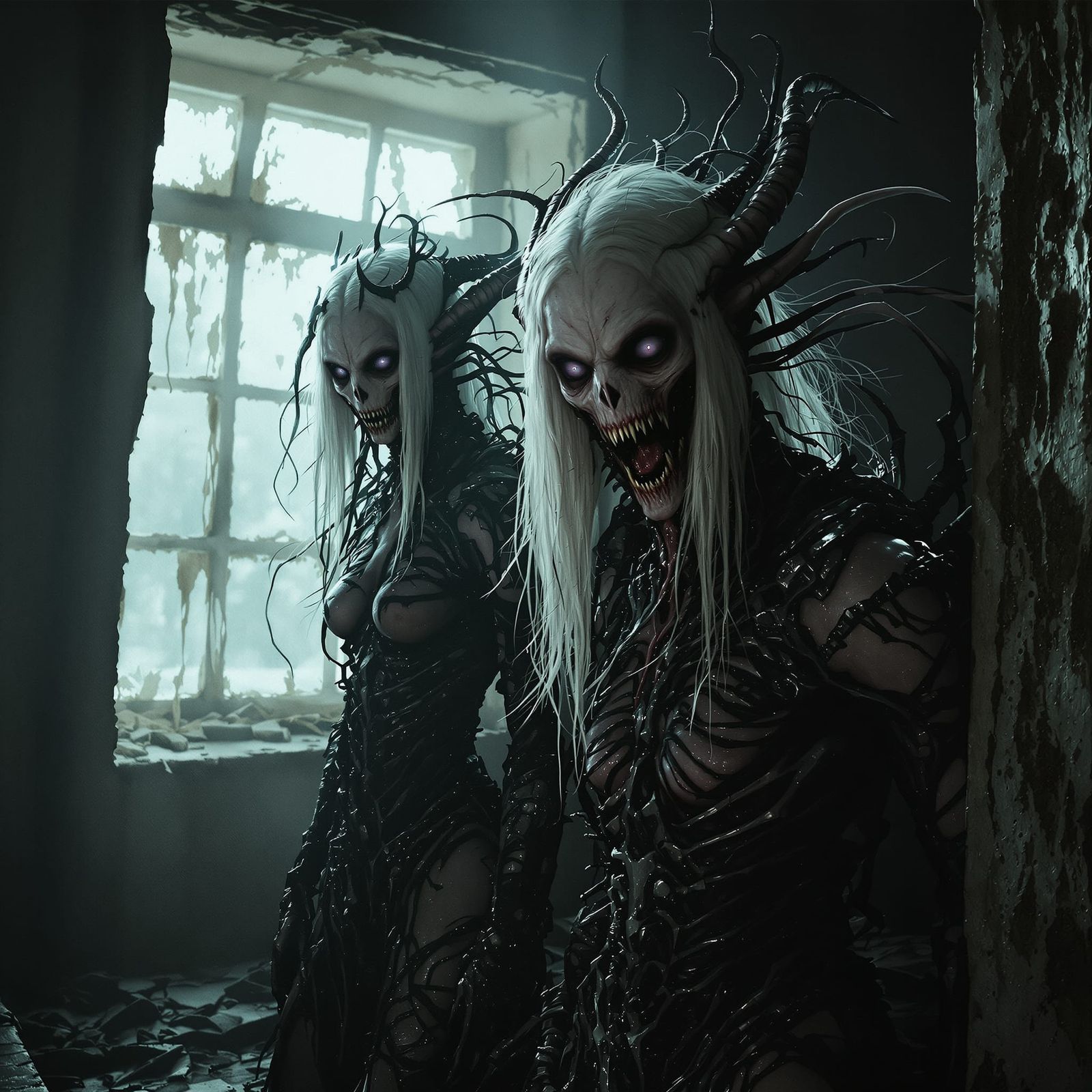 Biomechanical Surrealist Drow in Abandoned Room