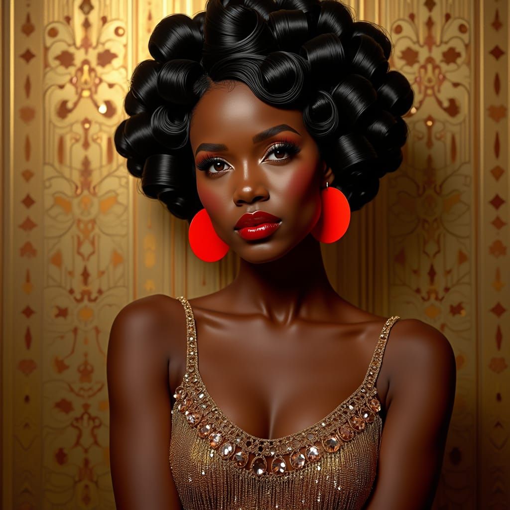 Art Deco Flapper with Red Earrings in Lempicka Style