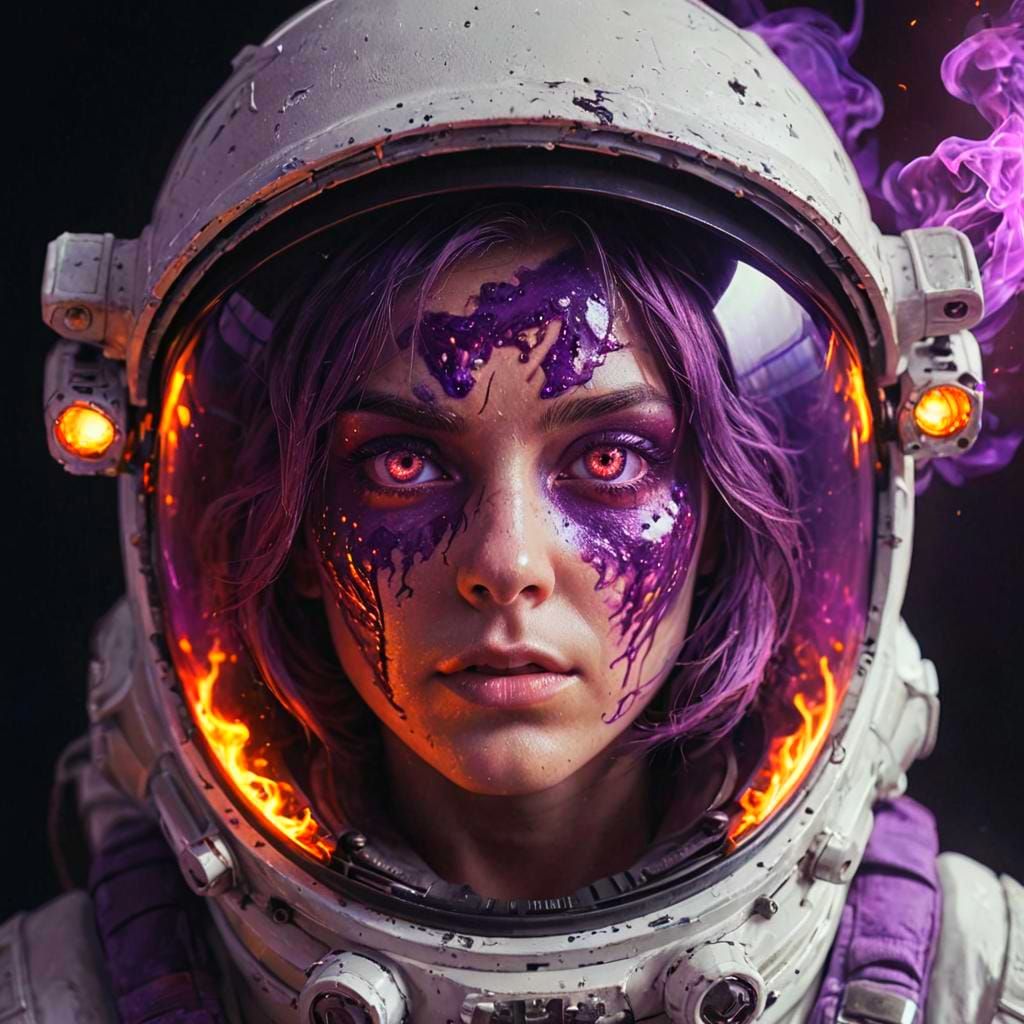 Astronaut with Fiery Eyes in Apocalyptic VRay Vision