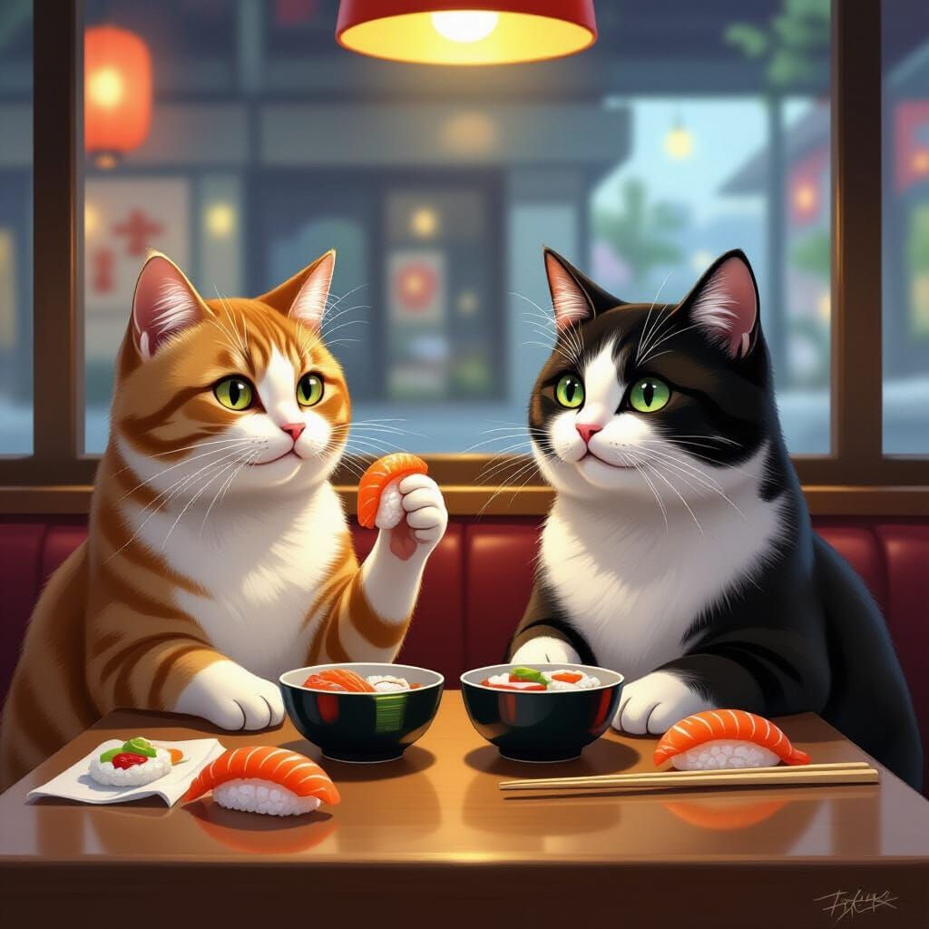 Cats Enjoying Sushi in Detailed Digital Painting