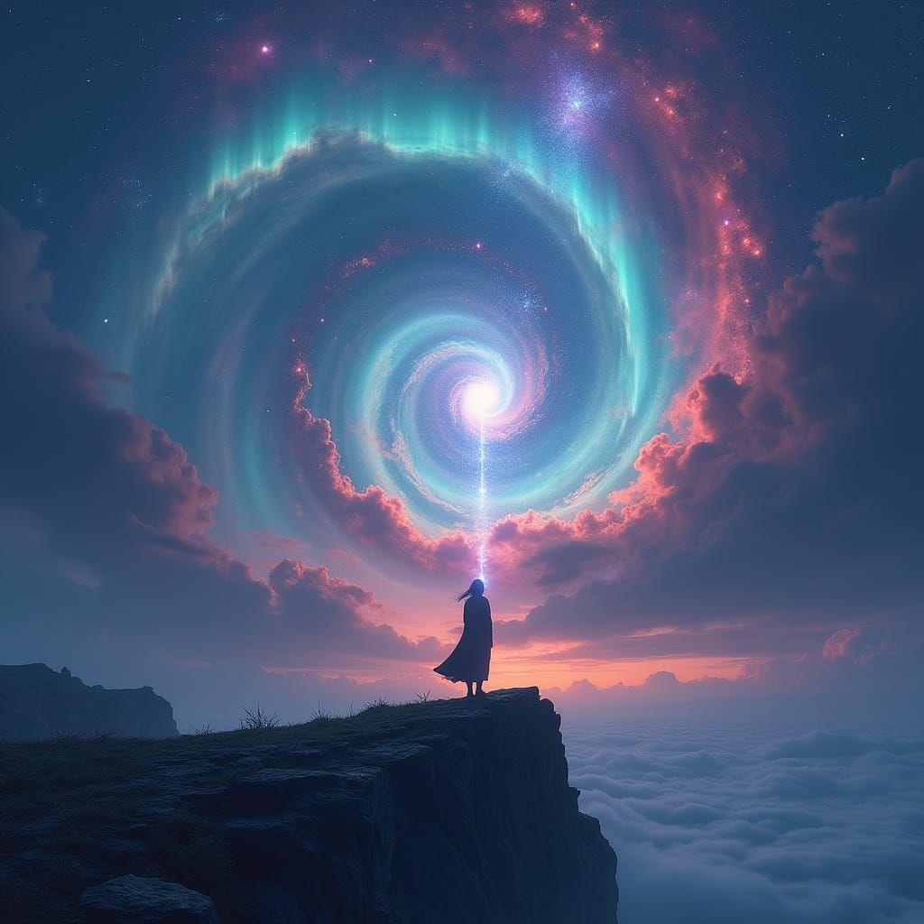 Figure Gazing at Cosmic Vortex, Digital Art