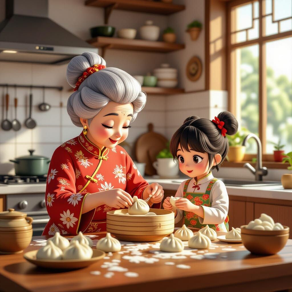 Chinese Grandmother Teaches Dumpling Making in Anime Style