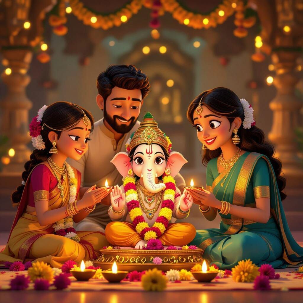 Indian Family Decorating Ganpati Idol: Cartoon Style