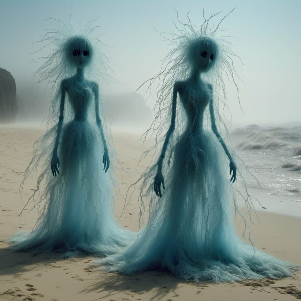 Haunted Beach with Blue Castle and Ethereal Ghosts