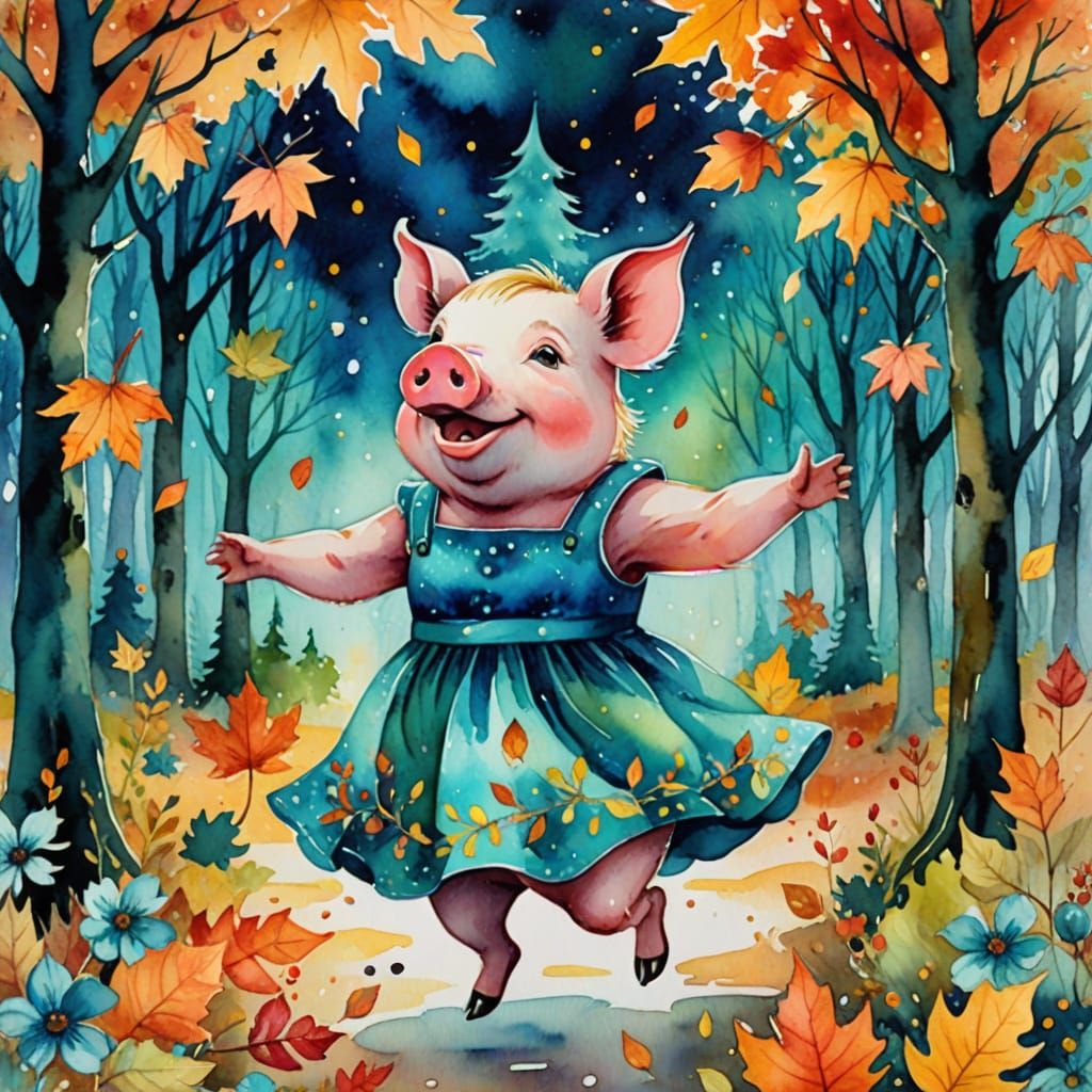 Whimsical Watercolor Pig Dancing in Enchanted Forest