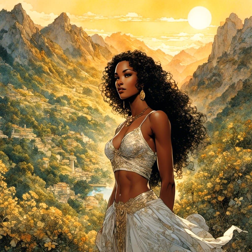 Elegant Woman in Mountain Landscape, Chiaroscuro Style