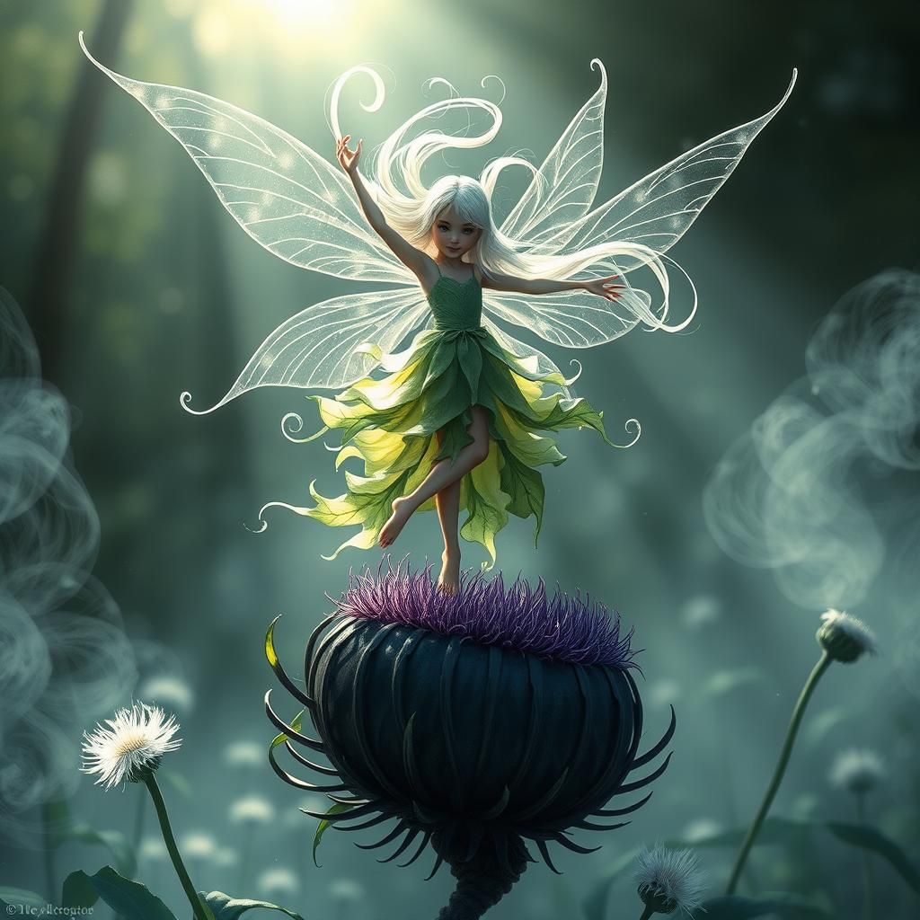 Ethereal Fairy Dancing on Thistle Flower in Moonlight