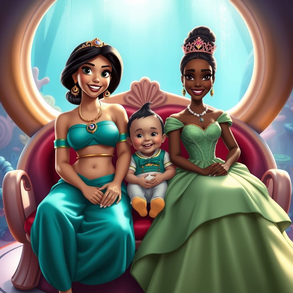 Princesses at Disneyland Paris in Photorealistic Seashell Ri...