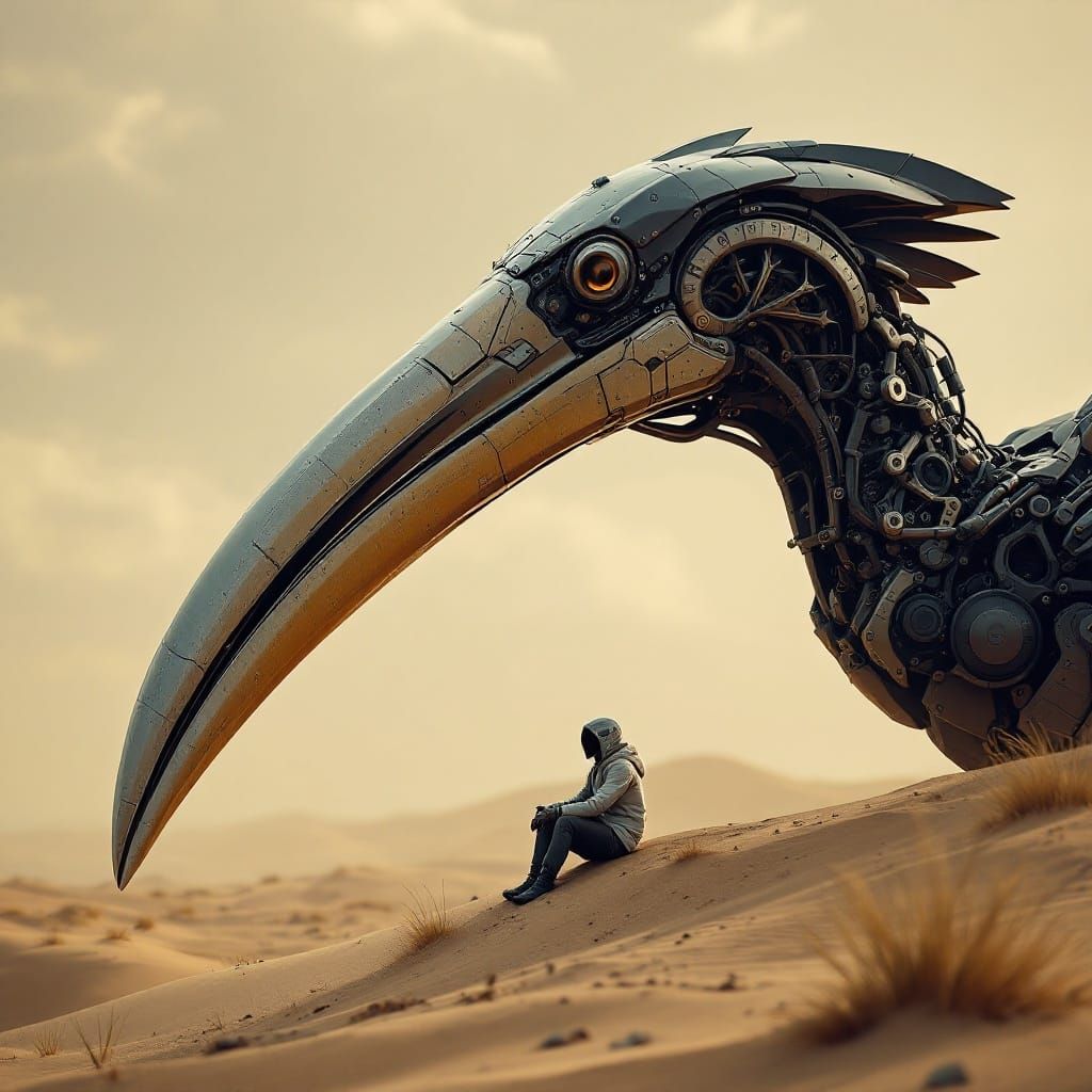 Surreal Bird of Prey Soars Over Futuristic Dunescape
