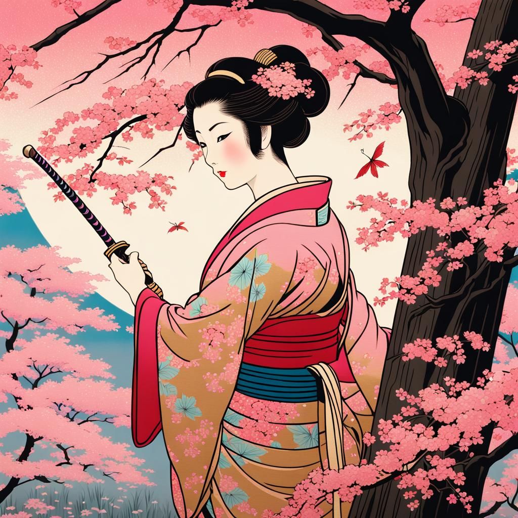 Japanese Fairy with Katana in Ukiyo-e Style