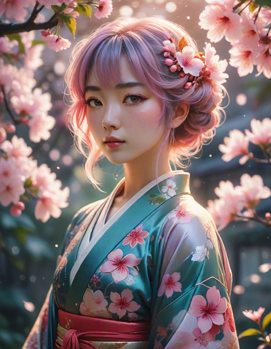 Art Nouveau Anime Woman with Cherry Blossom Hair
