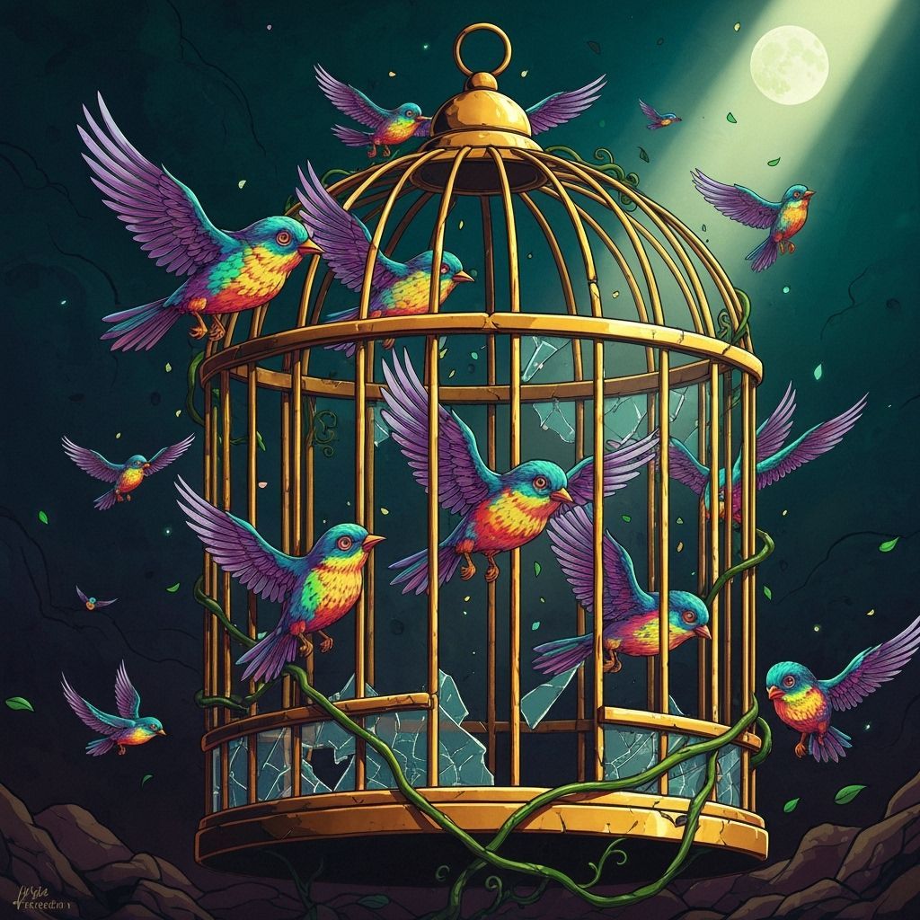 Magical Birds Escape Crumbling Cage in Dramatic Pop Art Styl...
