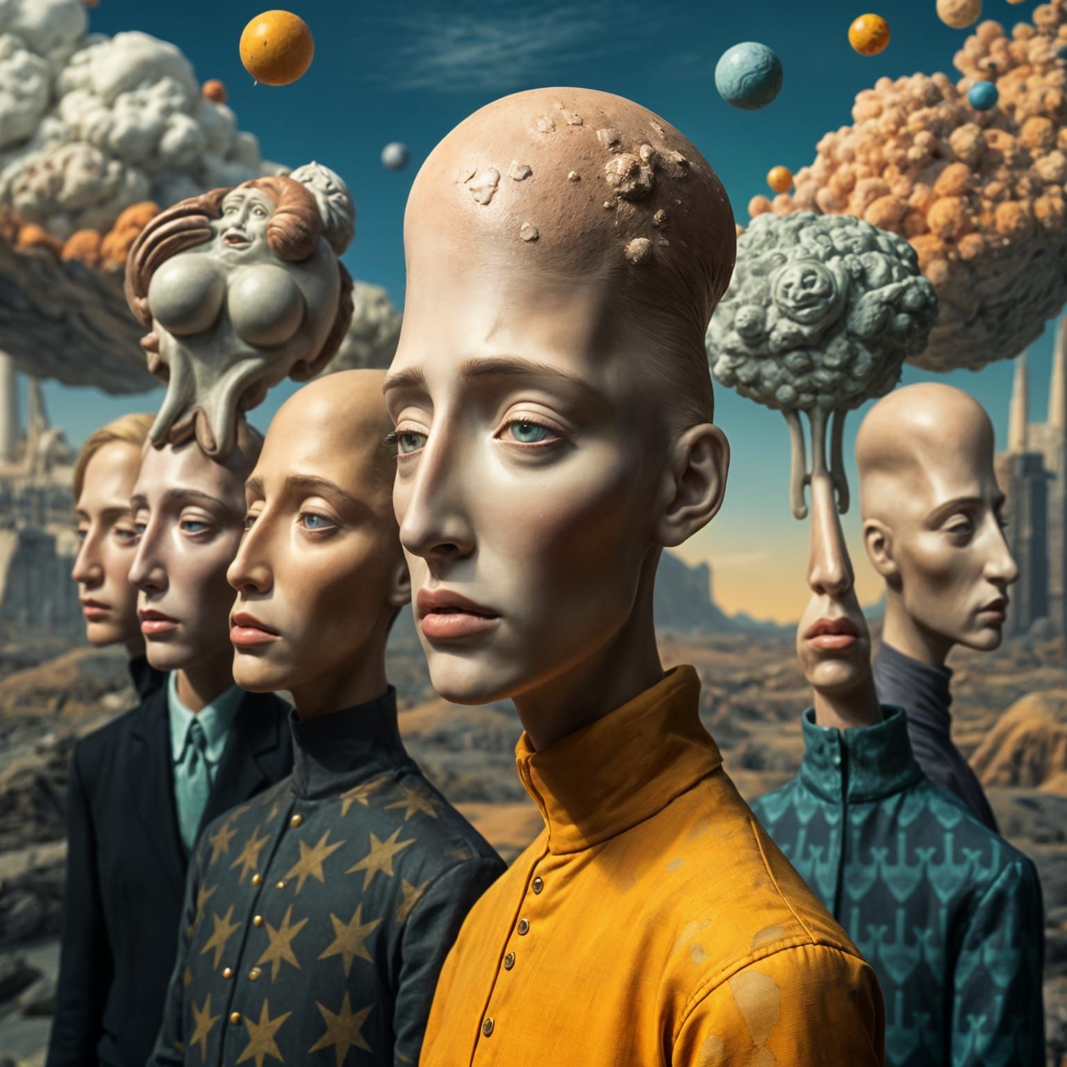 Surreal Figures with Dreamlike Heads in Fantastical Setting