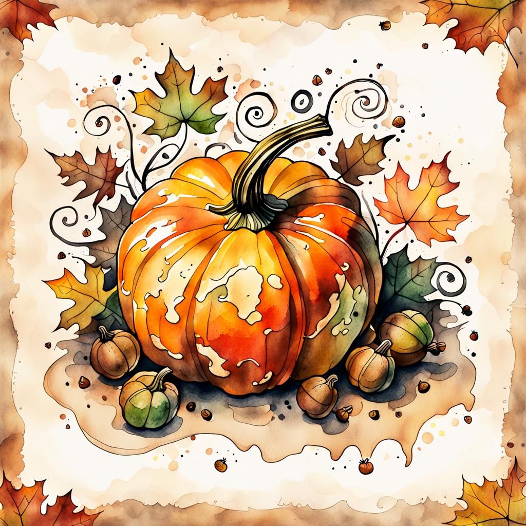 Watercolor Pumpkin Surrounded by Autumnal Elements