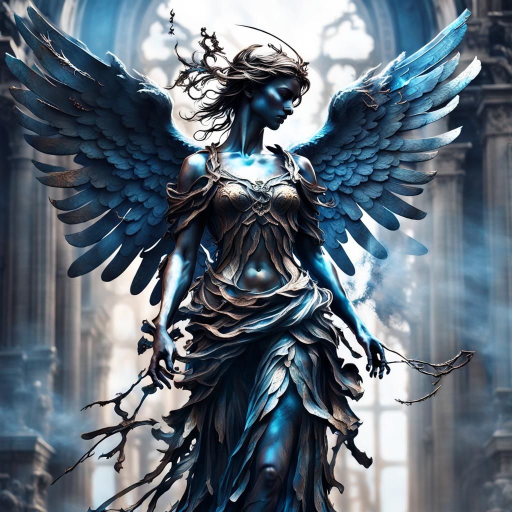 Silhouette of a bronze Angel made entirely out of metals with broad metal angel wings, blue tones high tonal contrast, H...
