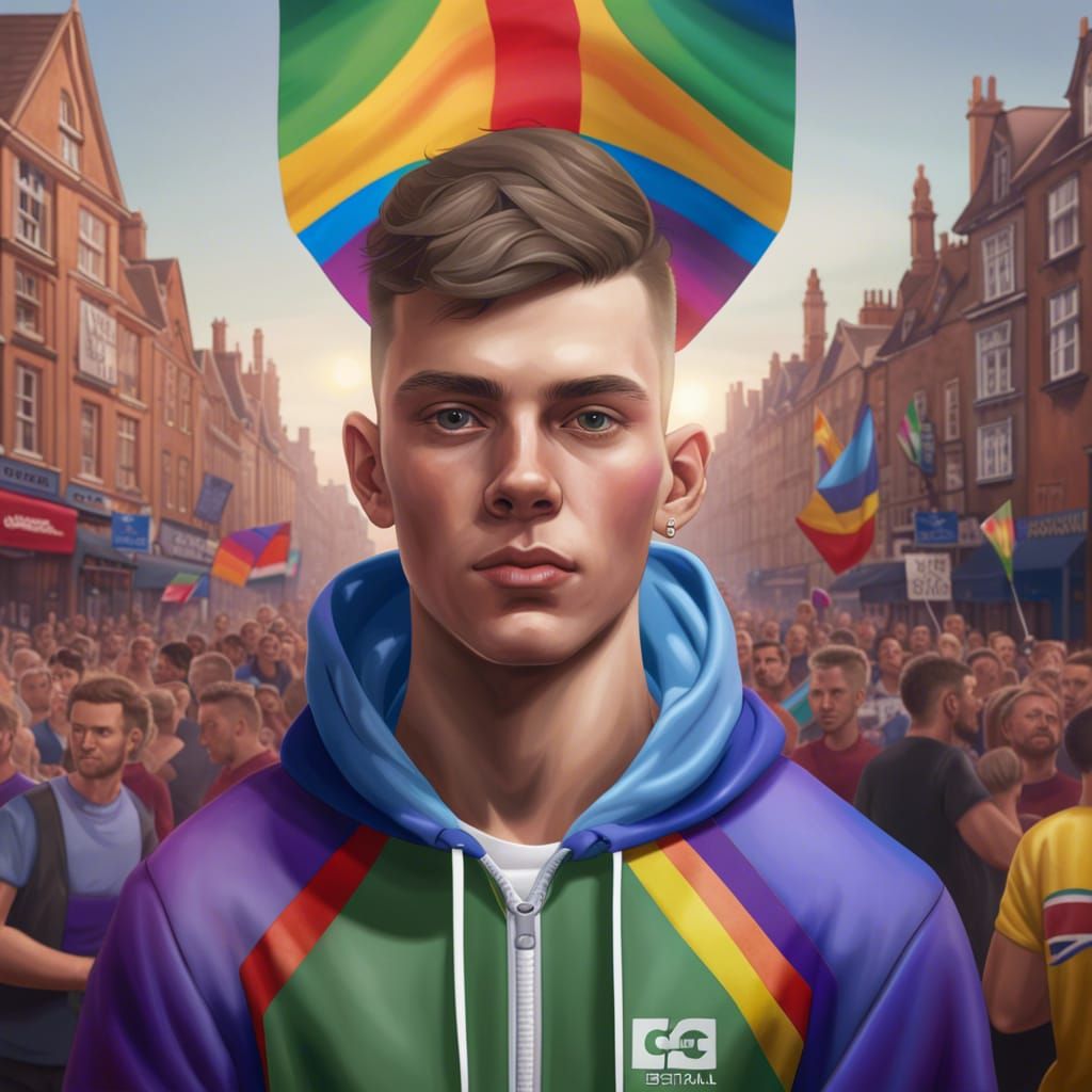Hyperrealistic Portrait with Pride Flag in Festival Setting