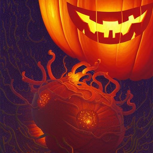 Spooky Pumpkin with Bats, Oil on Canvas