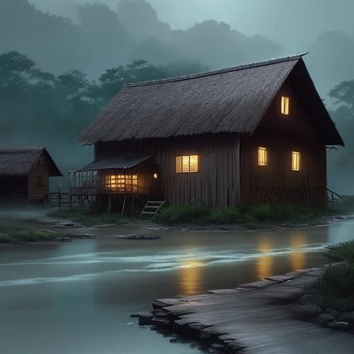 Autumn River Cottage in Cel-Shaded Anime Style