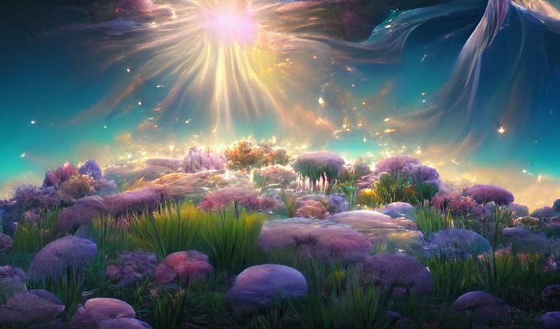 Iridescent Pastel Alien Landscape with Luminous Sun