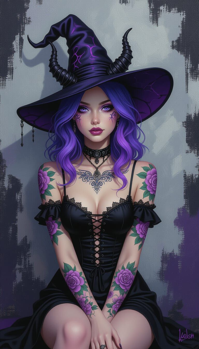 Boho-Gothic Witch with Dragon Horns and Floral Tattoos