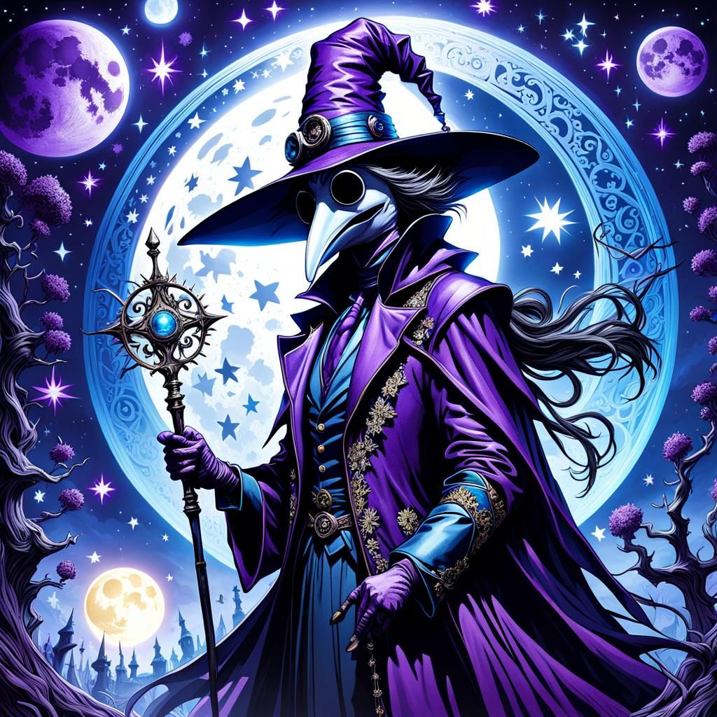 Nightmarish Plague Doctor under Twinkling Stars