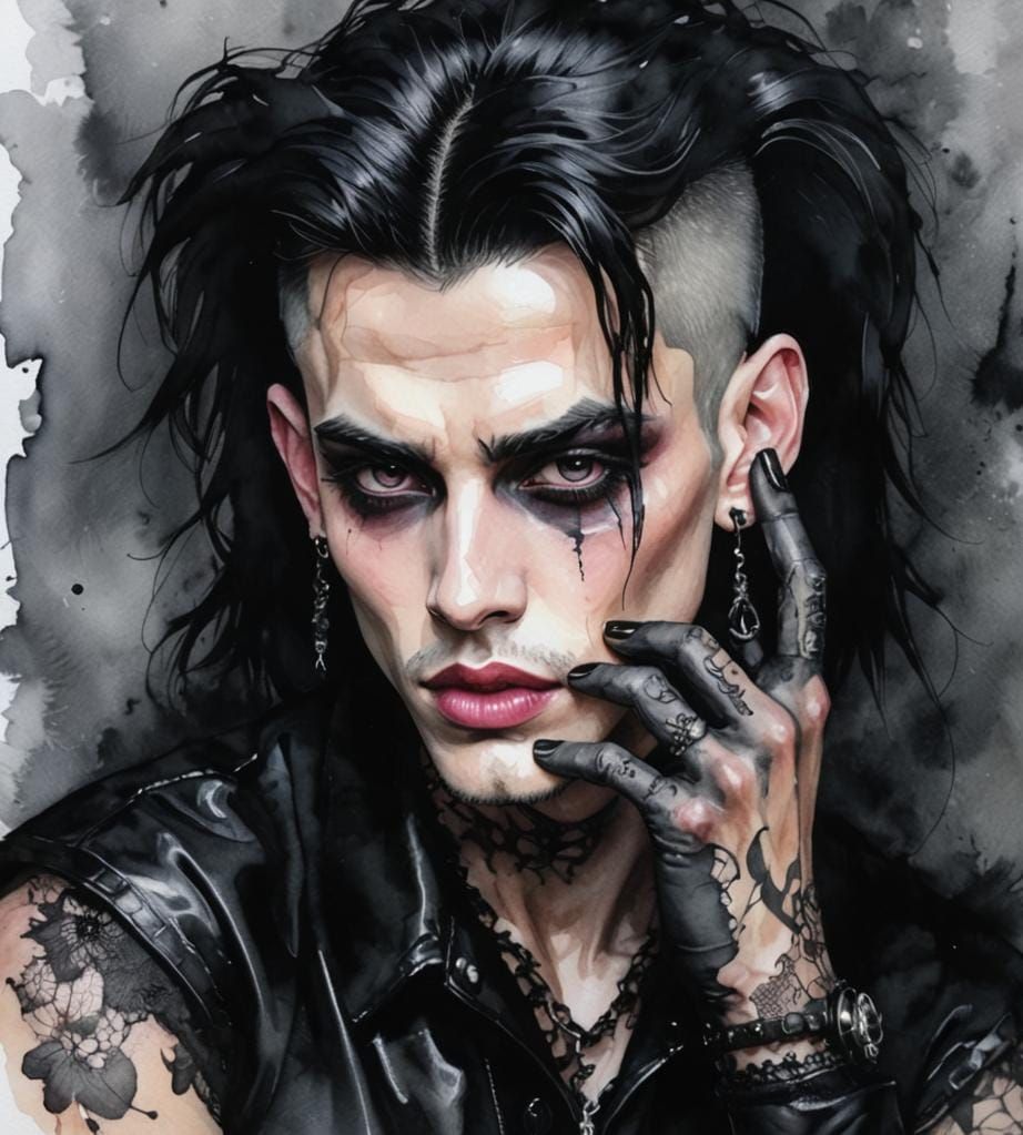 Watercolor Portrait of a Goth Man with Black Hair