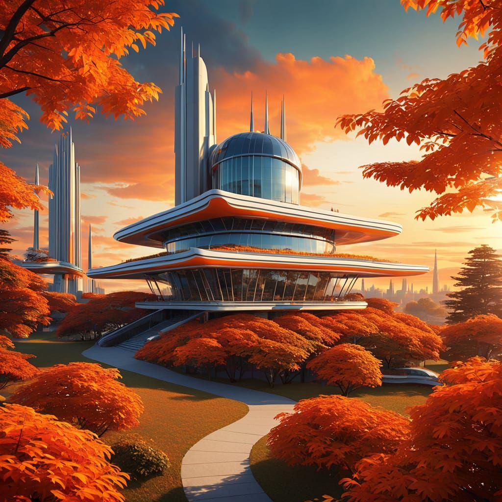 Retro Futurism Orange Sunset With Autumn Leaves