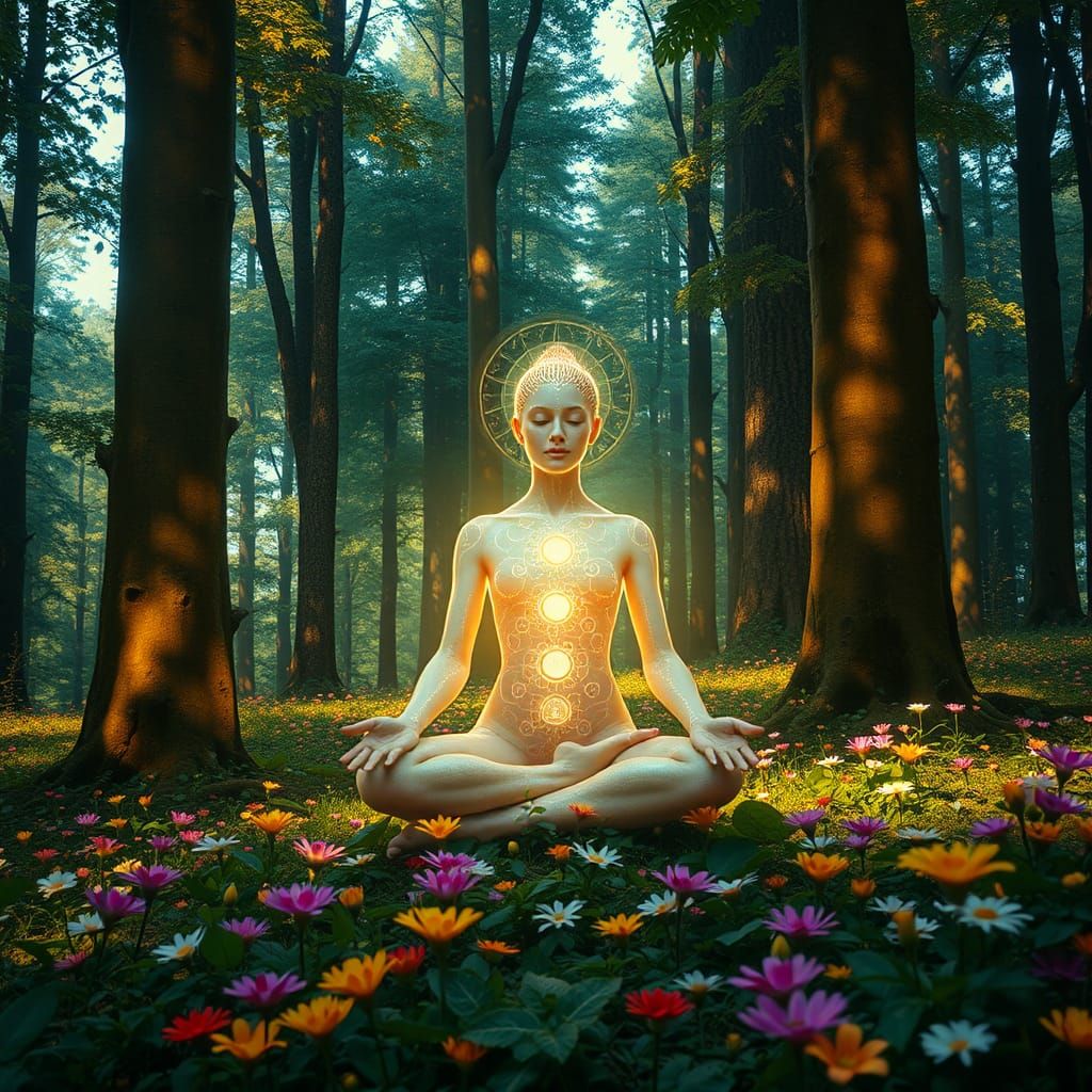 Ethereal Vishuddha Chakra Embodiment in Luminous Forest