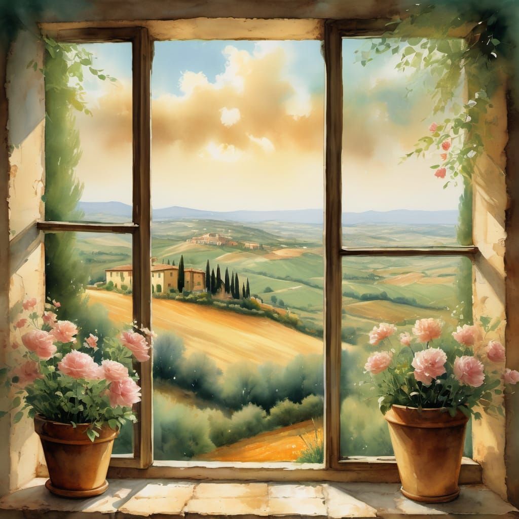 Lush Tuscany Landscape in Soft Watercolor Impressionism