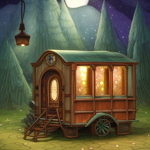Fantasy Wagon in Moonlit Woods: Digital Painting