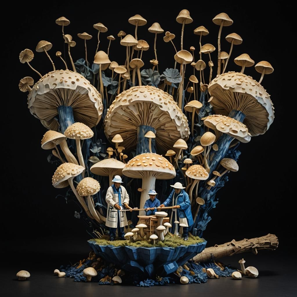 Surreal Mushroom Harvesters in Linocut Style