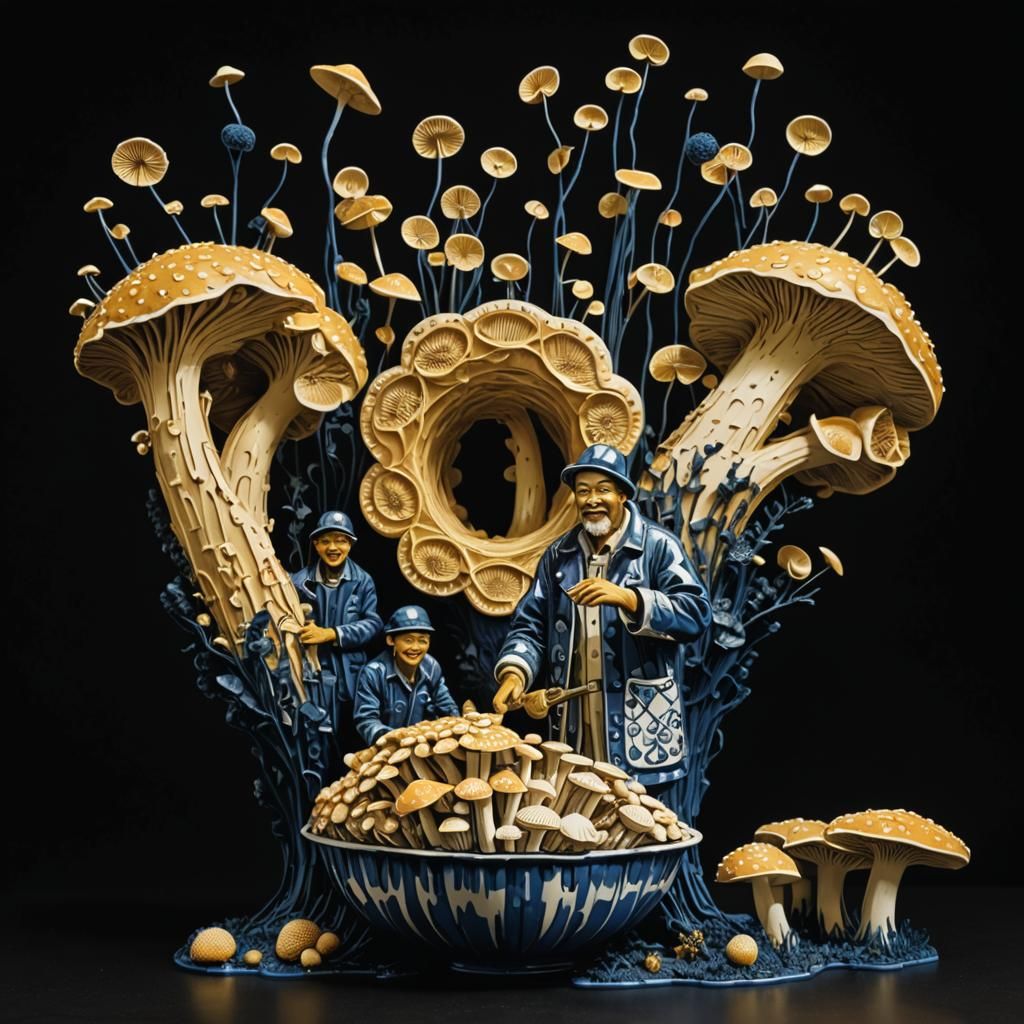 Surreal Linocut: Mushroom Tending Scene with Workers