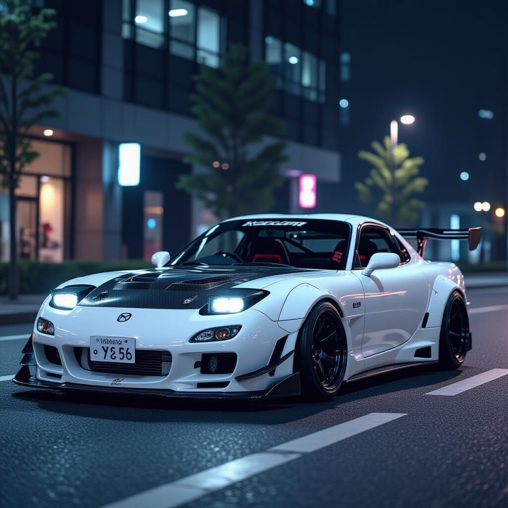 Modified Mazda RX-7 FD on City Street at Night