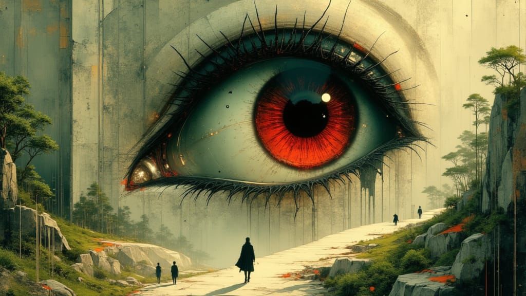 Giant Evil Eye Dominates Terrified Figures in Dark Fantasy A...