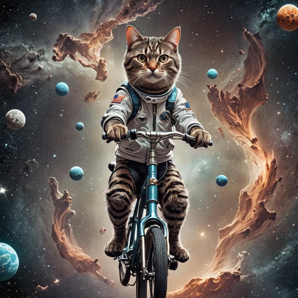 Futuristic Space Cat on Bicycle in Outer Space